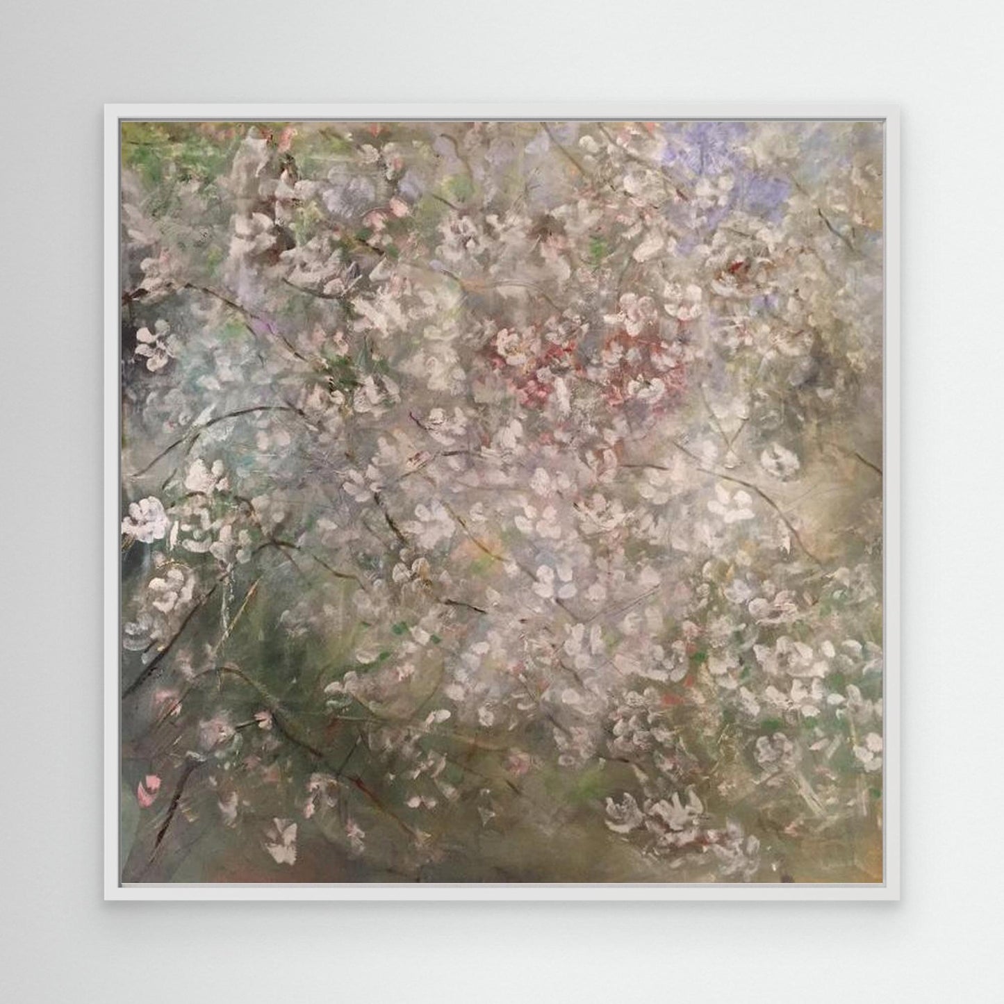 Tavla sovrummet Blomsterdis – konsttryck på canvas med mjuk vårkänsla målad av svenska konstnären susanne arvidsson