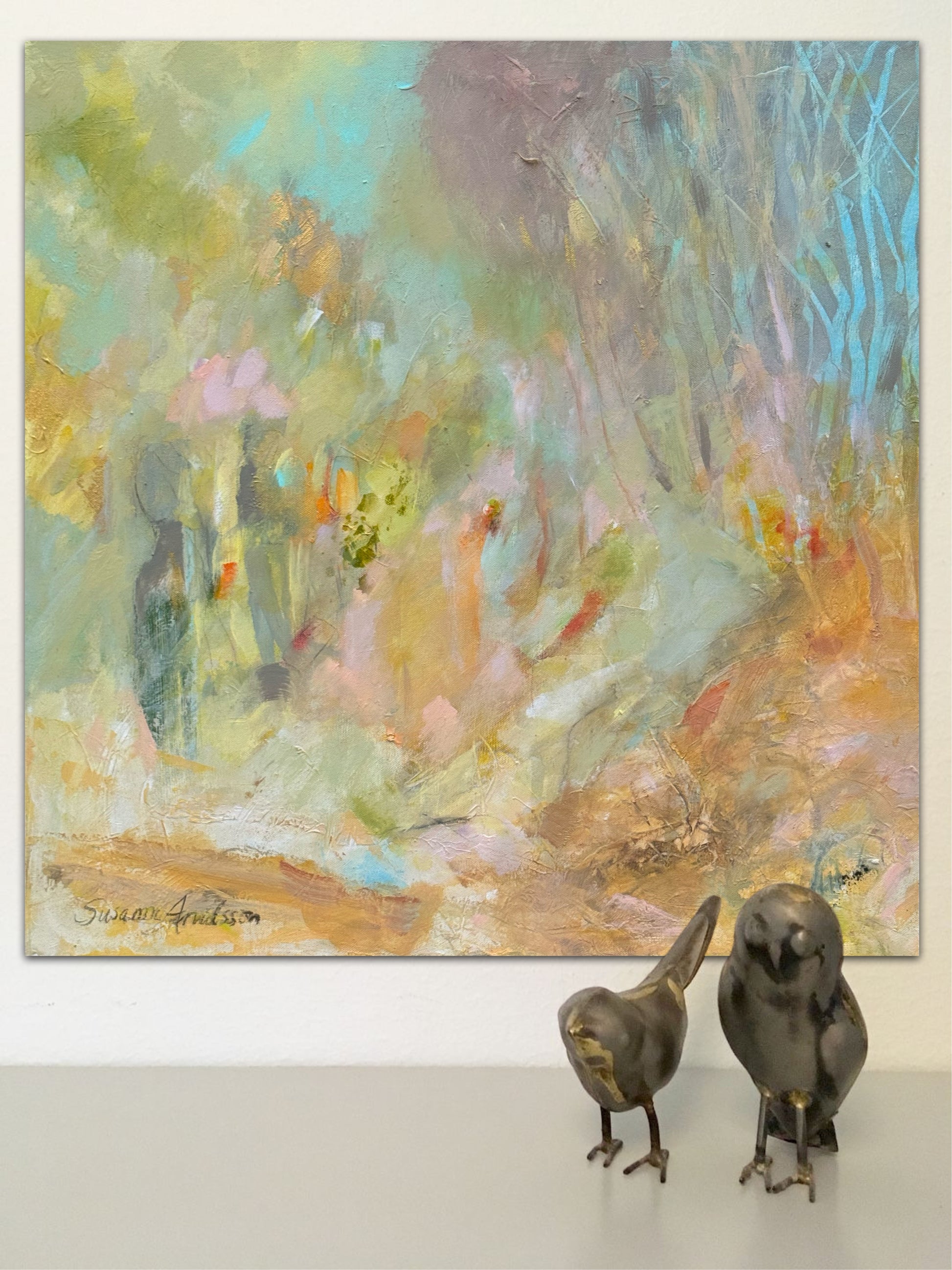 Närbild på Drömskt abstrakt landskap – originalmålning av Susanne Arvidsson