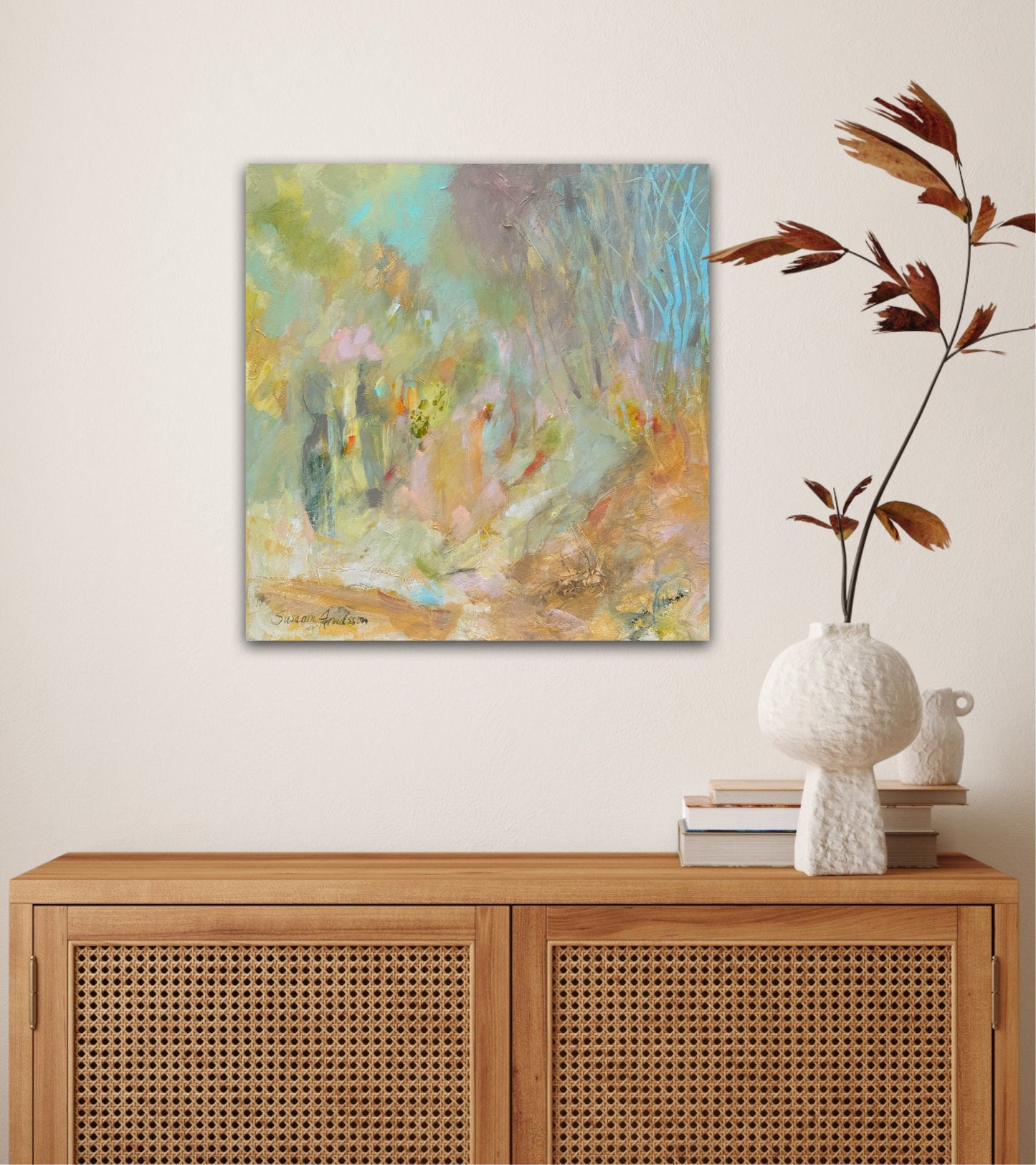 Tavla över sidebord -Drömskt abstrakt landskap – originalmålning av Susanne Arvidsson