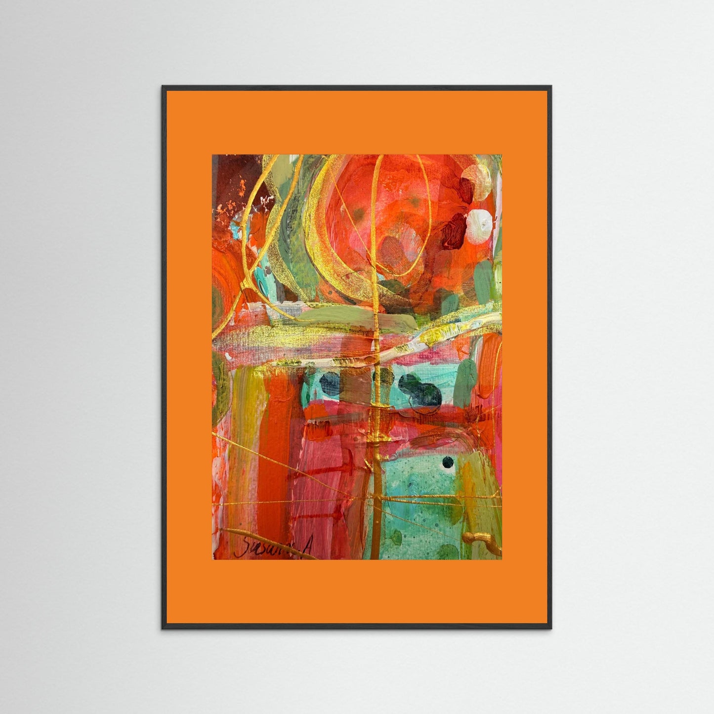Fine Art Print- Abstrakt landskap - När ljuset leker orange passpartout med ram