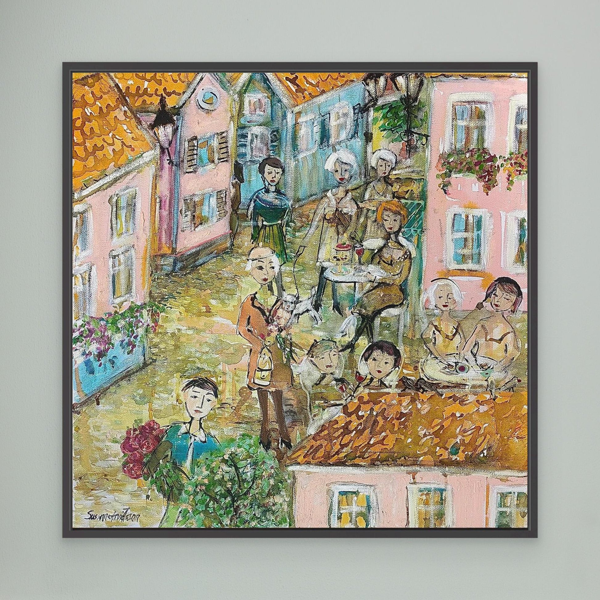 Småstadsliv - Konsttryck på canvasduk