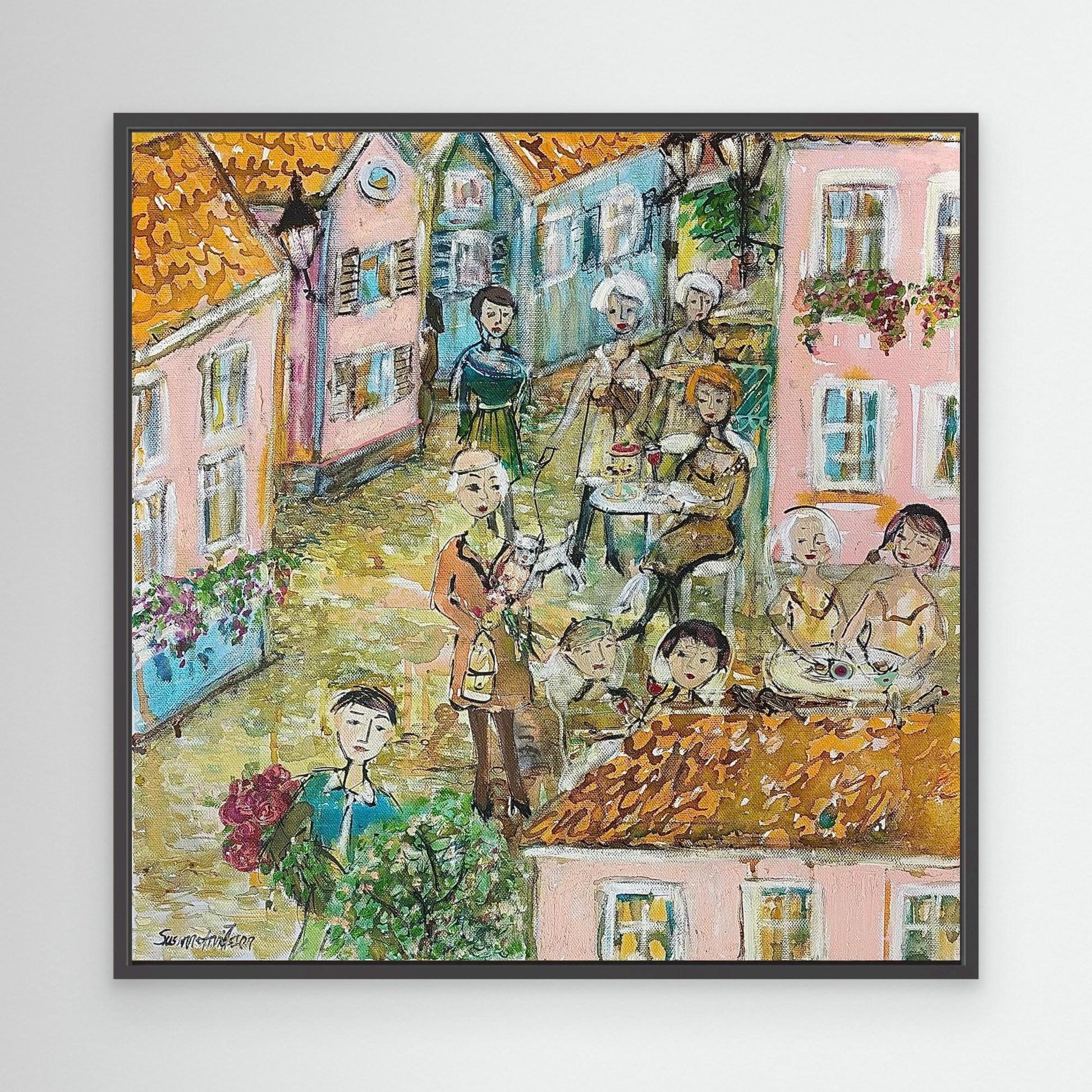 Småstadsliv - Konsttryck på canvasduk